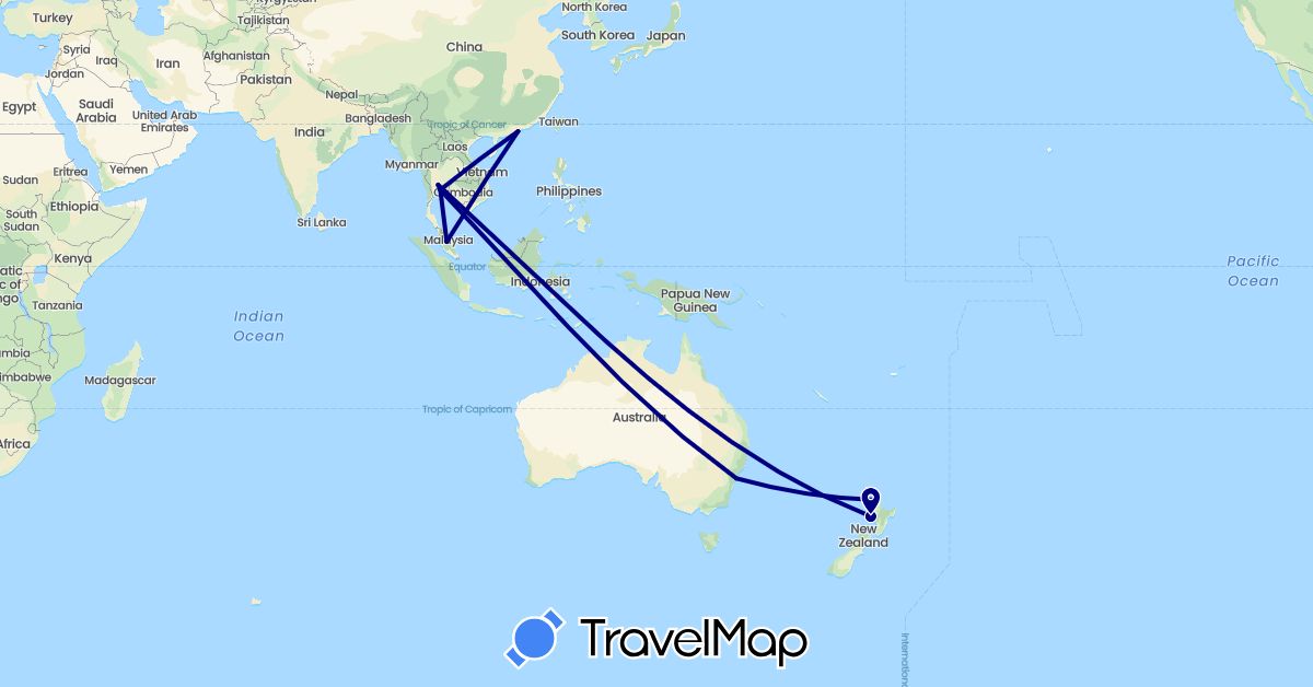 TravelMap itinerary: driving in Australia, Hong Kong, Malaysia, New Zealand, Thailand (Asia, Oceania)